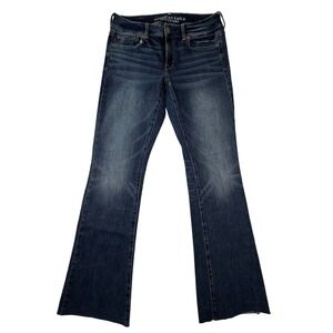 American Eagle Kick Boot Jeans Womens 8 Long Dark Wash Super Stretch Raw Hem